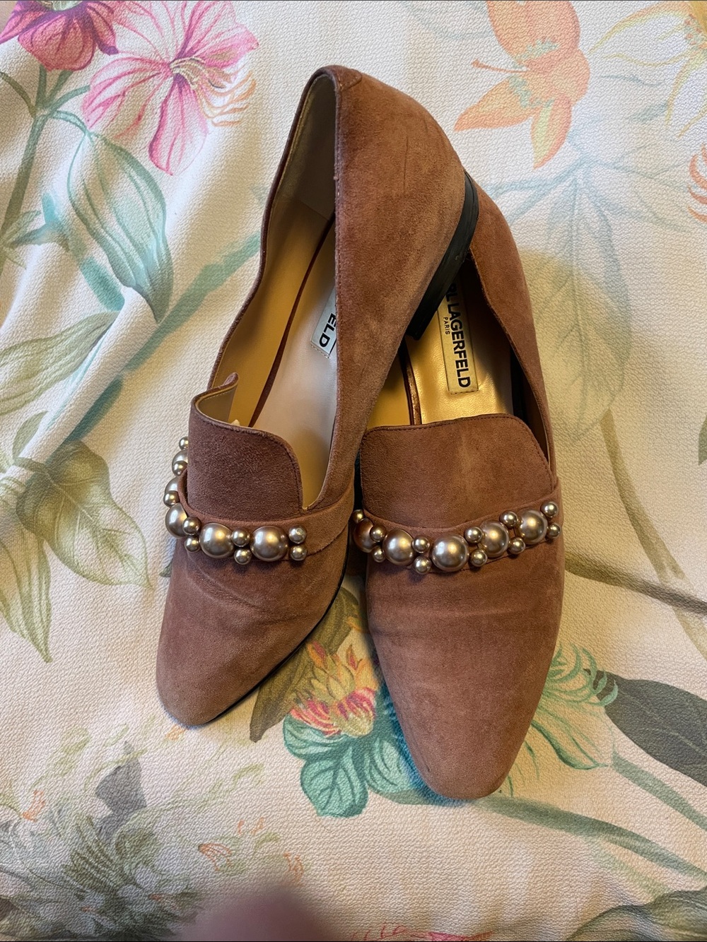 Karl Lagerfeld Paris Mauve Suede Pearl-Embellished Loafers